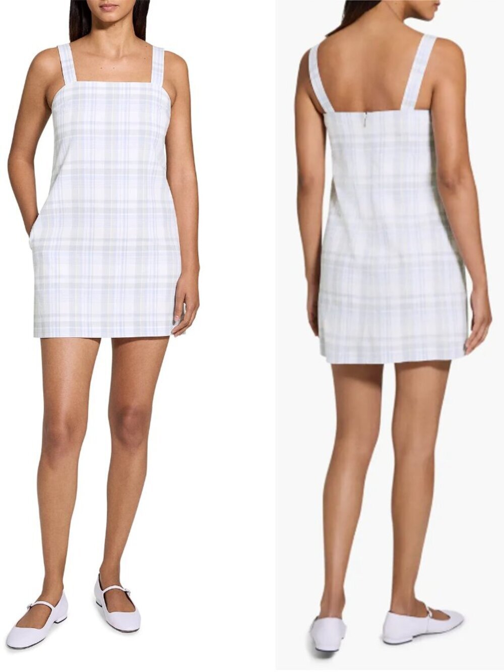 NWT New $325 Theory Muted Plaid Cotton Linen Mini Dress In Olympic Multi Size 8